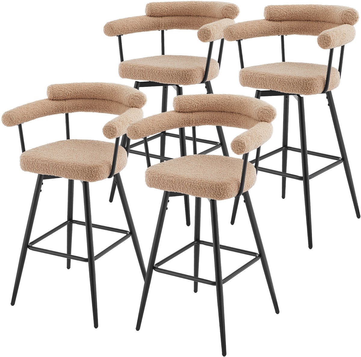 ml-design draaibare barkrukken set van 4 bruin teddy gestoffeerde keukenstoelen met armleuning rugleuning voetsteun 360 graden draaibaar hoge barkrukken bistrokrukken moderne barstoelen comfortabele keukenkrukken stalen frame rond design