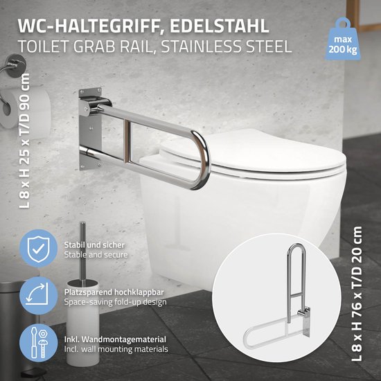 WC-handgreep voor ouderen en mindervaliden gemaakt van roestvrij staal 60 cm opvouwbaar sta-steun handvat tot 200 kg ML ontwerp — afbeelding 4