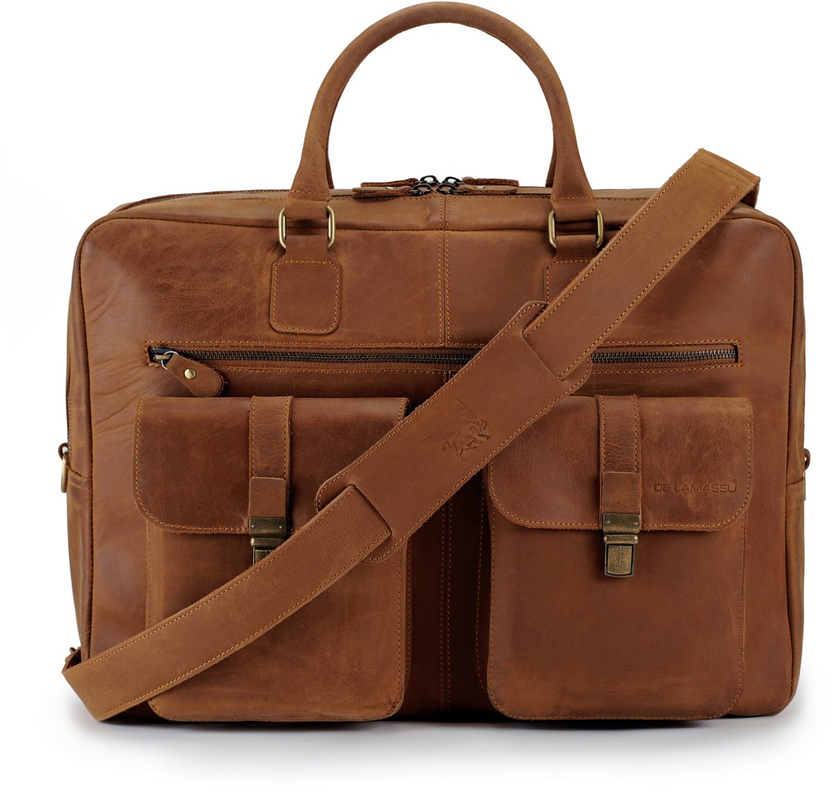 DE LAMASSU® ( Kian ) leren laptoptas 17 inch – unisex XL business tas met trolleyband, 2 voorvakken & schouderriem – grote leren aktetas voor kantoor, werk en reizen