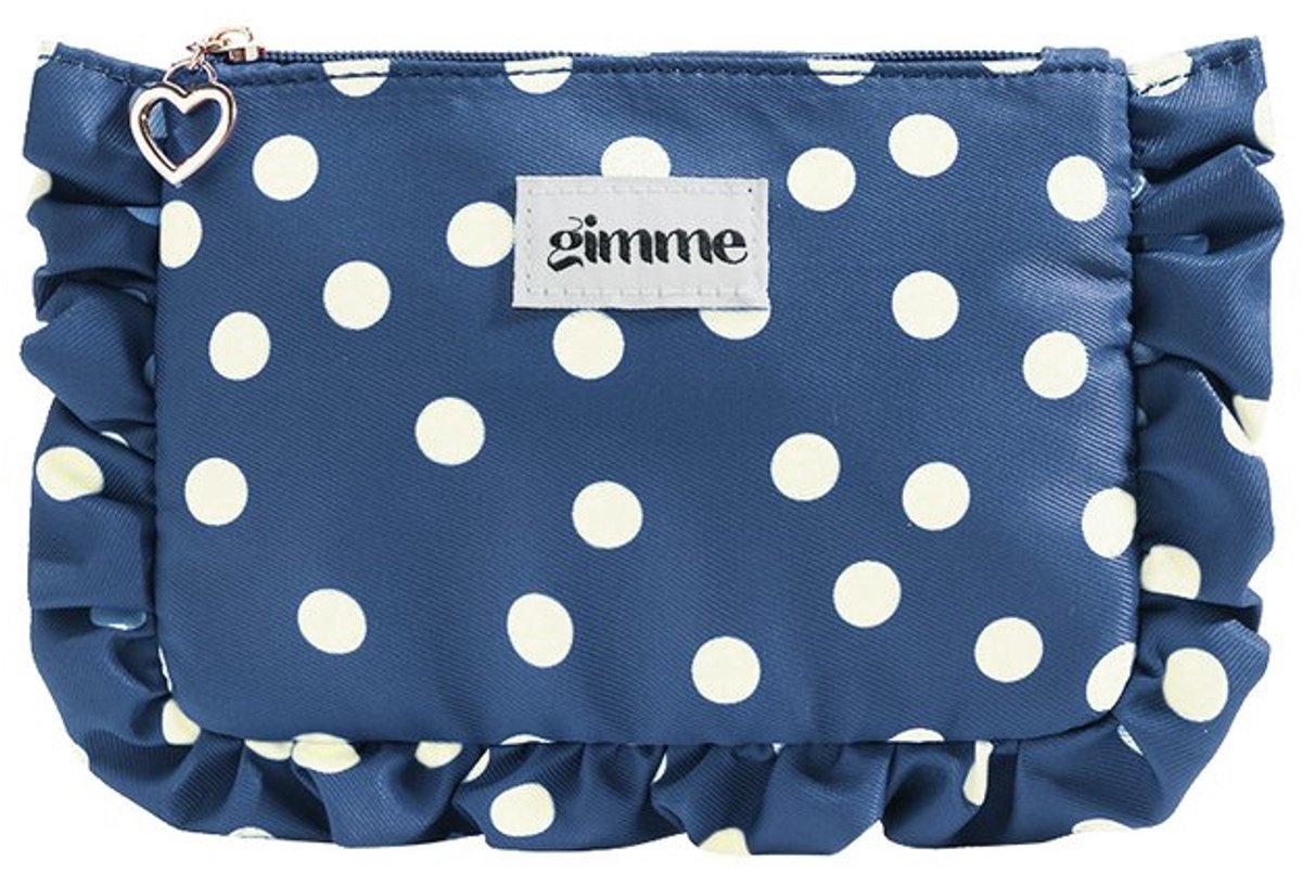 Toilet en make-uptasje Julie – donkerblauw/ecru met stippen - etui met ruffles en ritssluiting - 19 x 13 cm