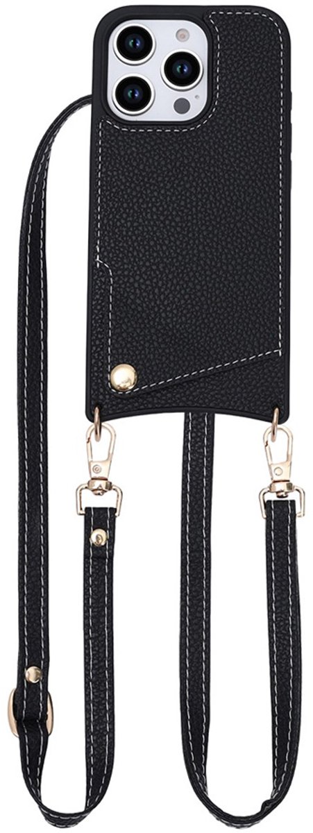 CaseBoutique Backcase hoesje geschikt voor iPhone 15 Pro Max - Effen Zwart - Kunstleer - met Crossbody Koord & Pashouder
