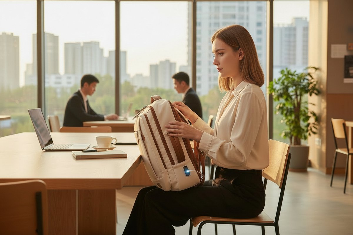 Dutchers® Laptoptas Dames - Rugtas - 24L - Reistas - Rugzak - Backpack - Met oplaad mogelijkheid, Laptop vak, Afsluitbaar droogvak - Laptoprugzak - Beige – foto 5
