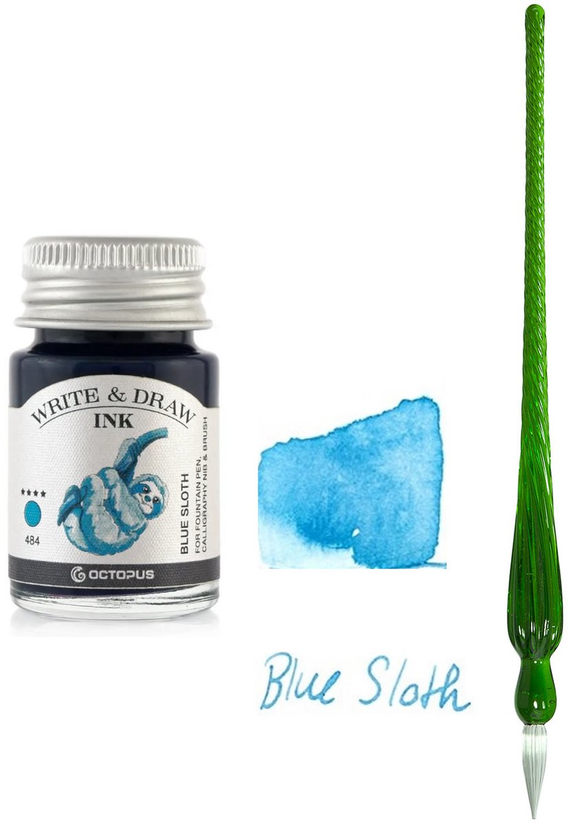 Glazen dip pen set in doosje - Groen - Potje Octopus inkt blauw-blue sloth