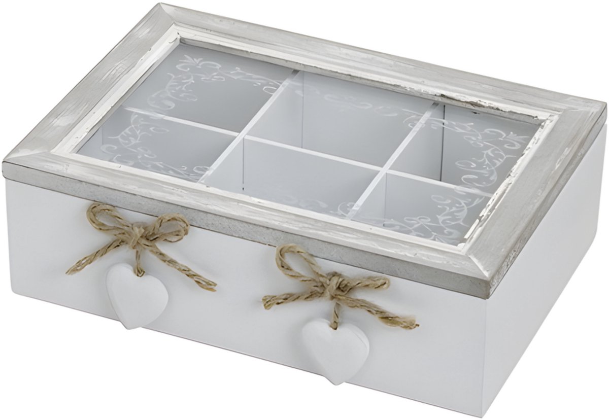 Wurm Theedoos - 6 vaks - grijs/wit - hartjes - 22 x 18 x 17 cm - MDF hout - theebox