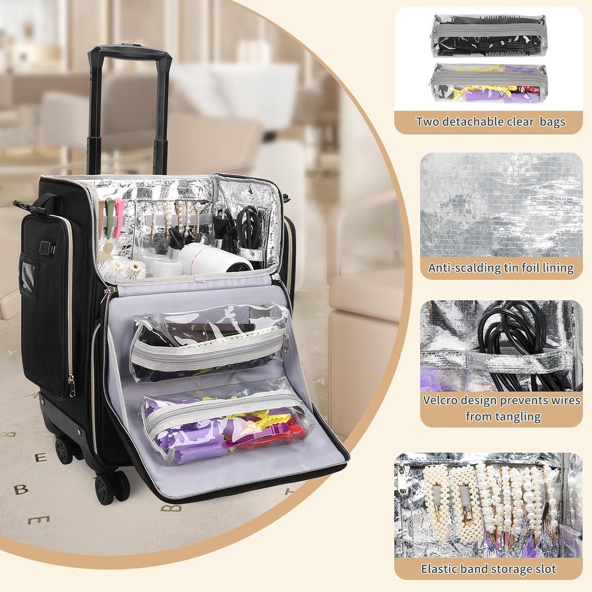 Grote Cosmetica Trolley met Afneembare Tas en 360° Wielen - Zwart