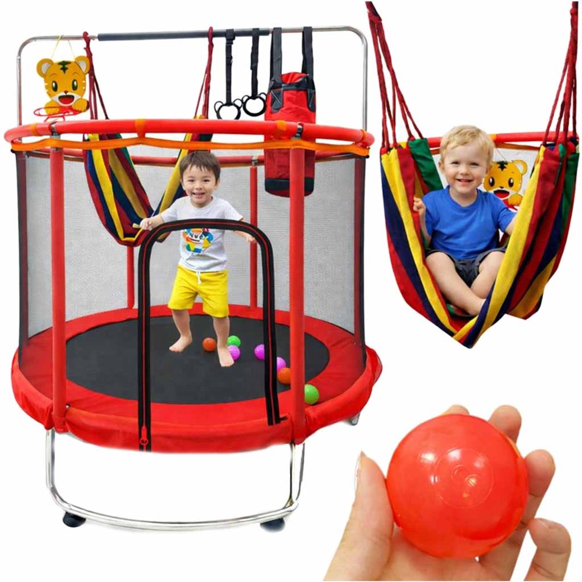 Playos® - Trampoline met Veiligheidsnet - Rood - 155 cm - tot 150 kilo - met Handgrepen, Hangmat, Bokszak, Ballen, Basket en meer - Tuintrampoline