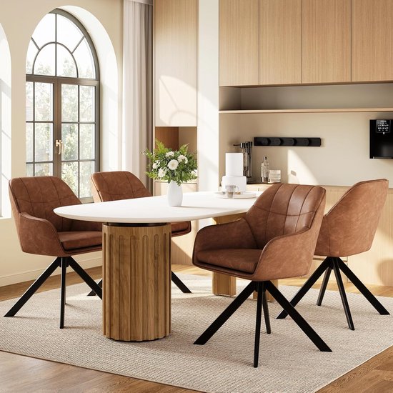 Chaise pivotante Chaise de salle à manger Ergonomique Cuir artificiel Marron 52,4x52,5x83 cm – Set de 2 Met Accoudoirs, Chaise rembourrée, Pivotante Pour Salon & Cuisine – Pauwhome