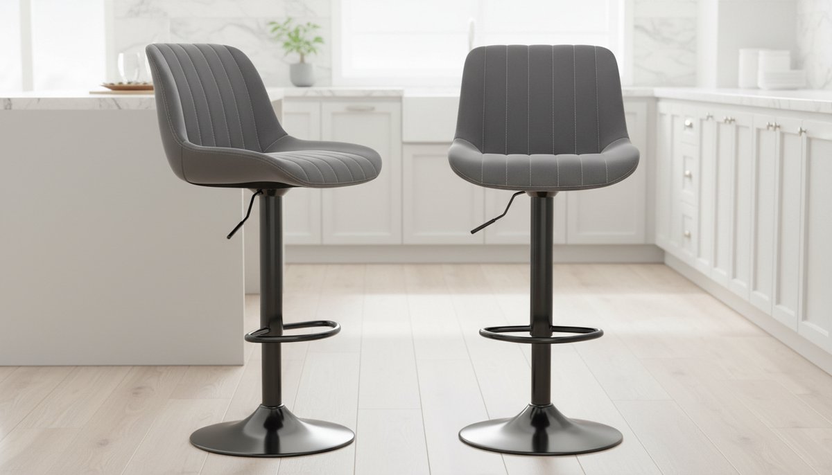 Barkruk Set van 2 House&Garden – Draaibare, In Hoogte Verstelbare Barstoelen met Rugleuning van PU-Kunstleer – Donkergrijze Keukenkrukken voor Bar, Keukeneiland, Restaurant en Café