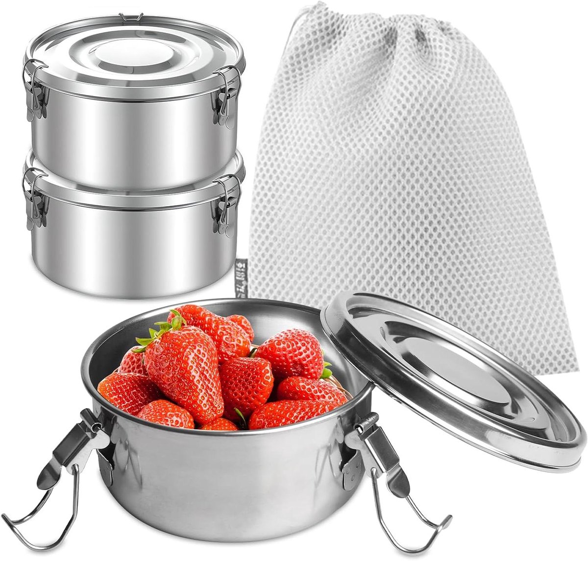 Roestvrij stalen lunchbox set voor snacks, fruit en muesli - 3 delig assortiment.