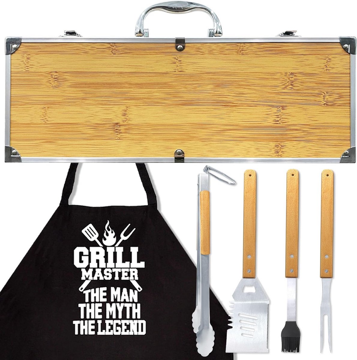 Complete Houten BBQ Gereedschapset RVS – Grillaccessoires Cadeau voor Hem
