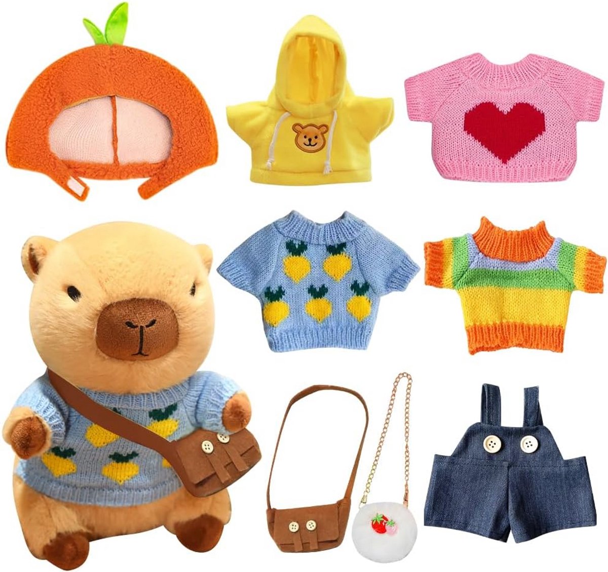 Set van 9 Capibara Knuffeldieren van 23 cm - Pluche Speelgoed met Kleding en Accessoires