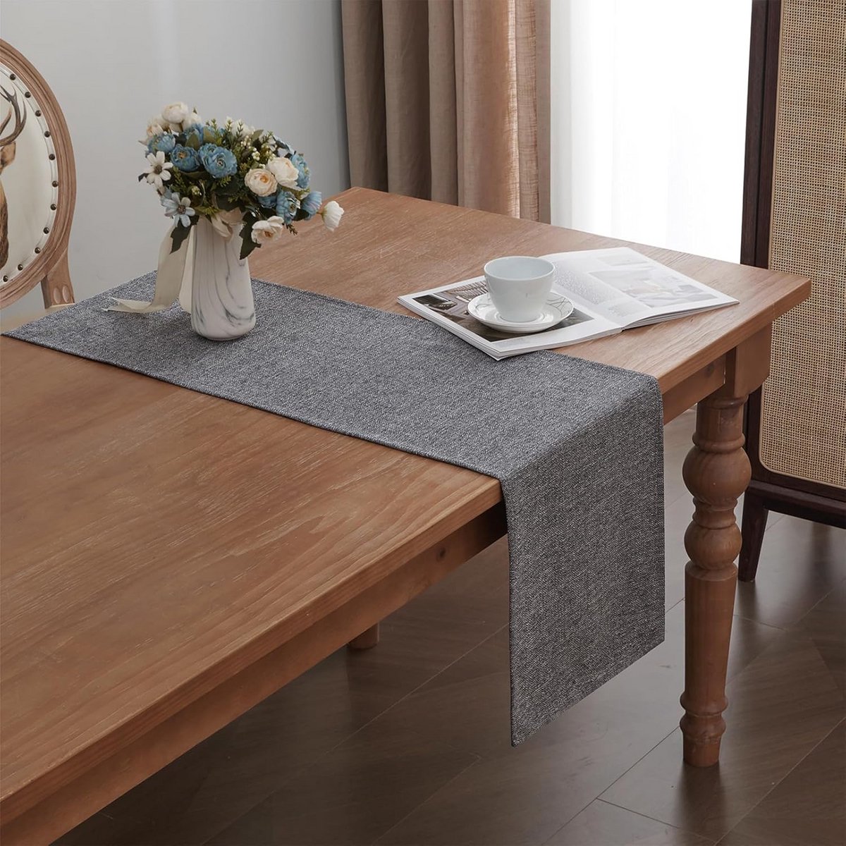 Linnen Look Tafel Loper Donkergrijs Effen Hoge Kwaliteit 35 x 180 cm
