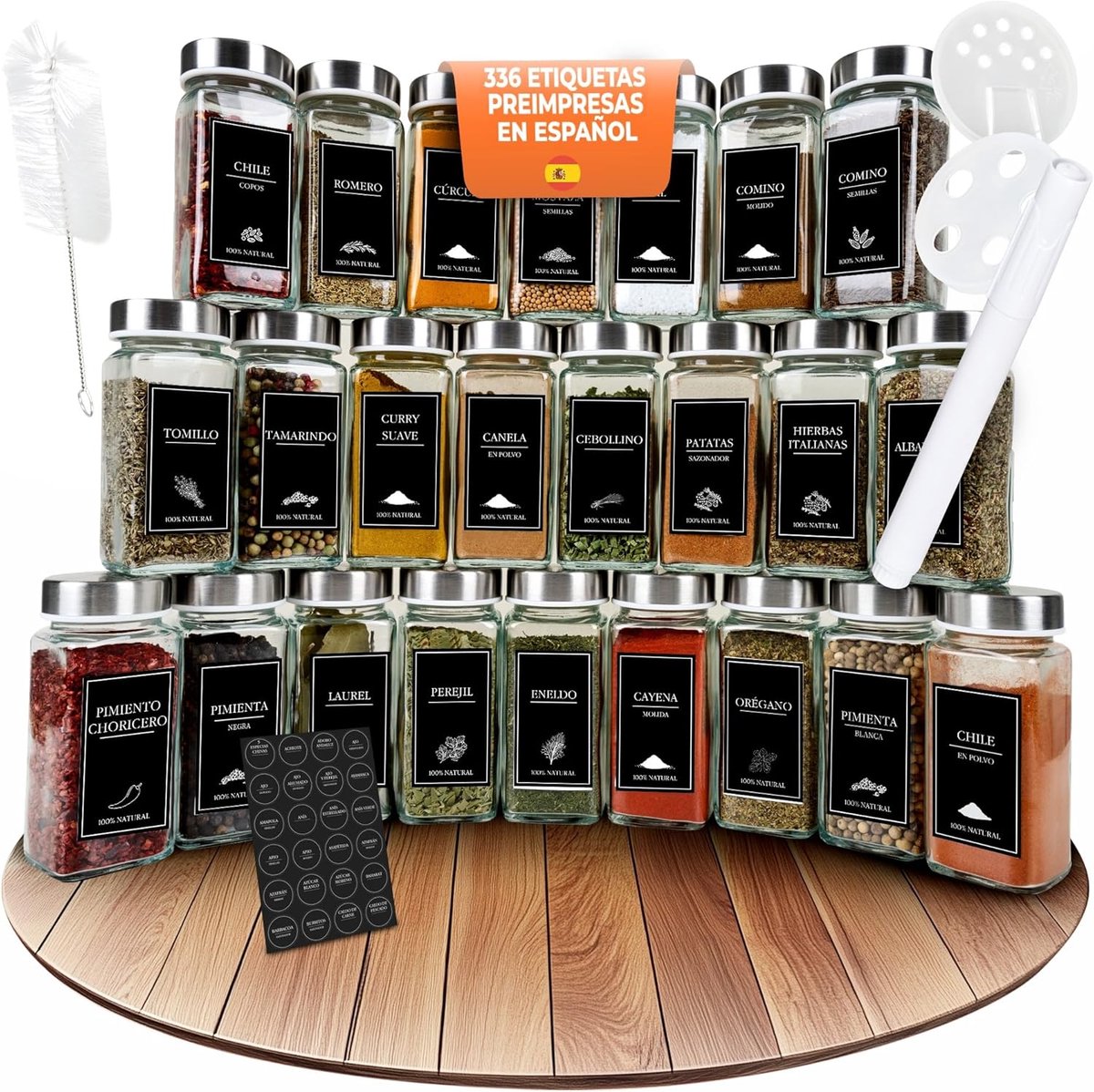Famanu - Kruidenpotjesset (25 stuks), kruidenorganizer met kruidenstrooier met etiketten + trechter, kruidenpotjes, vierkant met deksel, 120 ml (metaal)