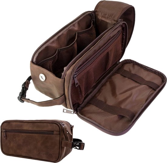 PAVILIA Toilettas voor Mannen – Reis Toiletry Bag, Scheer- en Verzorgingsset Organizer, Waterbestendig PU Leer, Donkerbruin