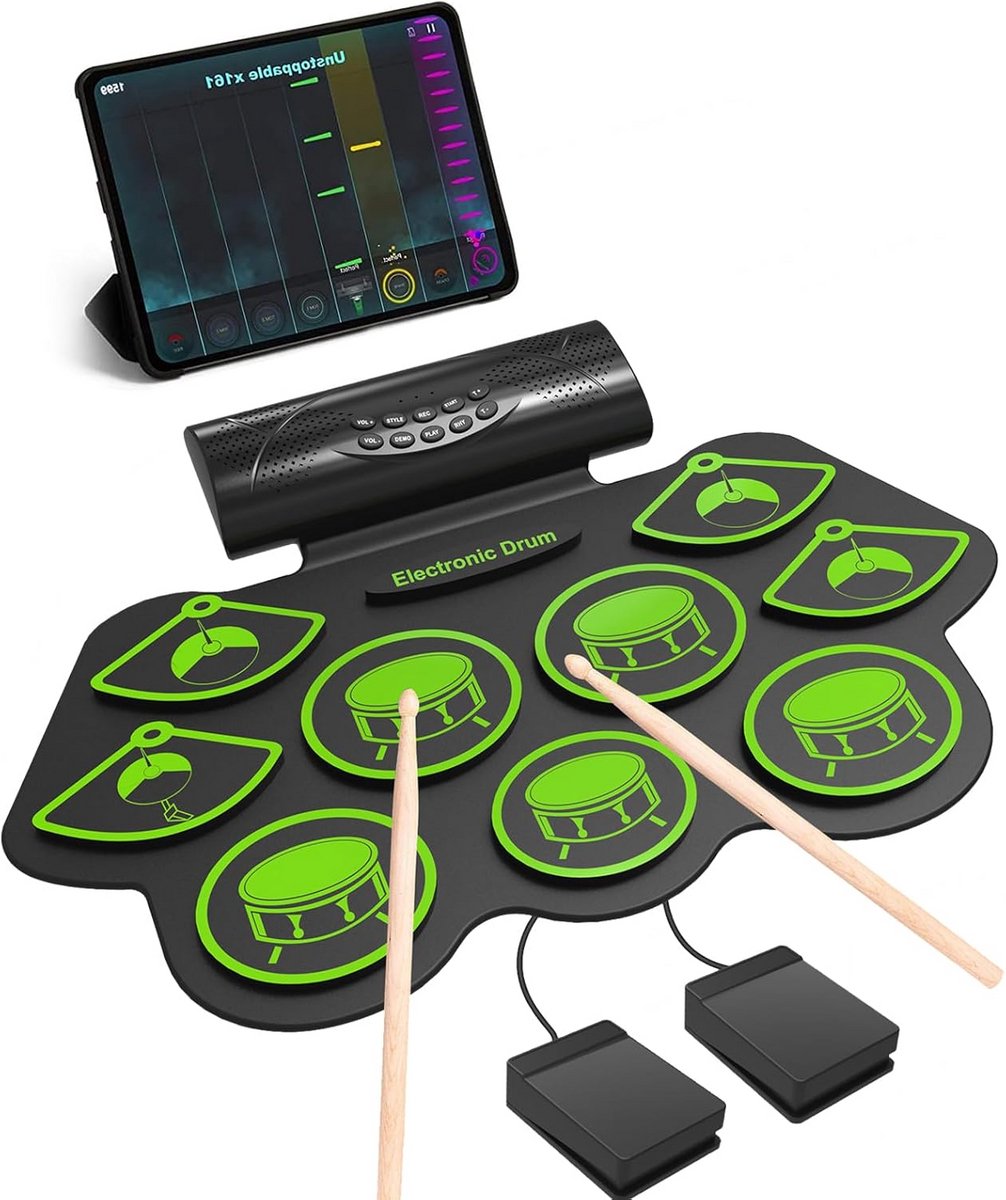 Opvouwbaar Elektronisch Drumstel met 9 Pads en Bluetooth, Inclusief Speakers en Drumsticks