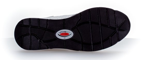 Zwarte buitenzool van rubber met 'rolling soft' logo.