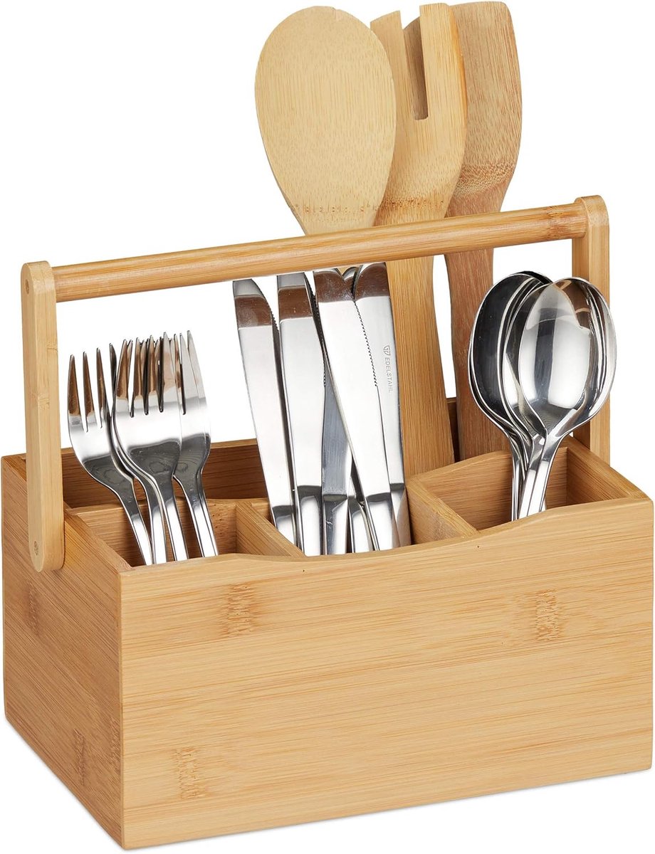 Bamboe Bestekhouder 4-Vaks – Keuken Organizer Met Handvat - Natuur