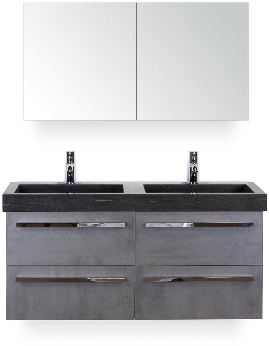 Seville Badmeubelset 120 cm - 4 laden Beton Antrac - Wastafel Hardsteen Wit Lucca - met Spiegel - Variant 2