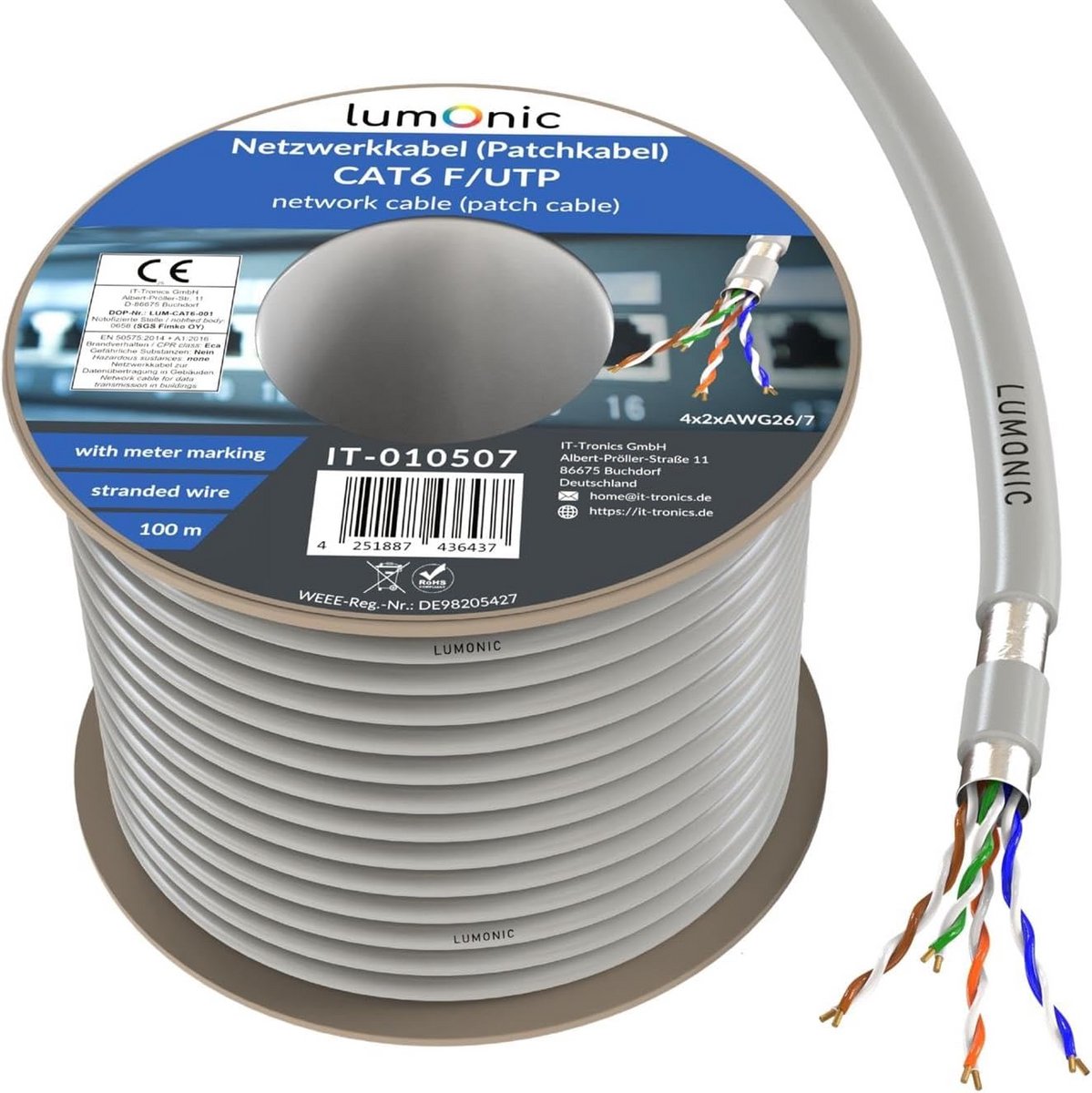 Netwerkkabel 100m CAT6 F/UTP Patchkabel Grijs - 10 Gbit/s Snelheid