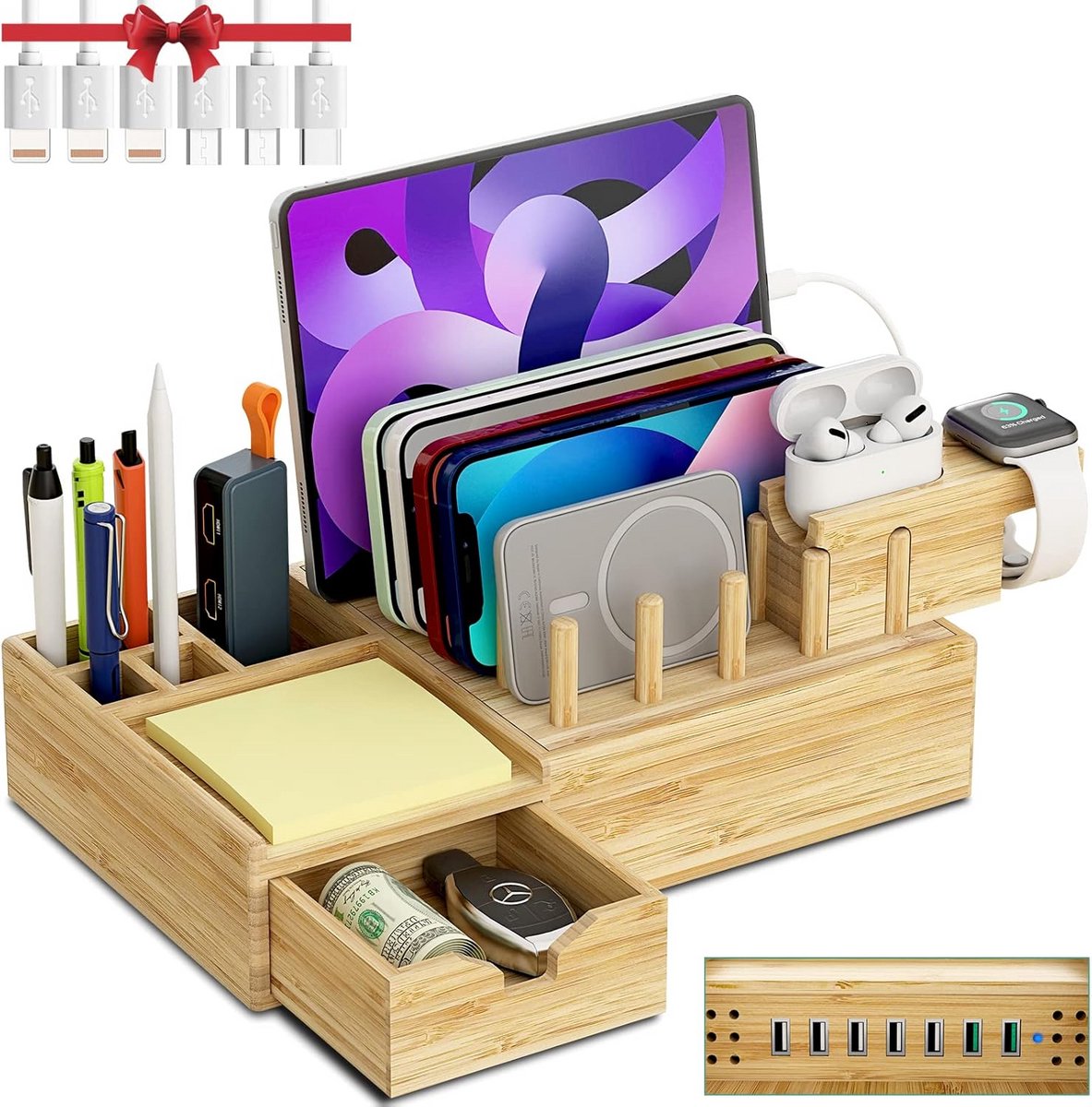 Oplaadstation van Bamboe voor Meerdere Apparaten met Snelle USB Opladen en Organizer