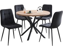 Sensova Eettafel Met Stoelen - Ronde Eettafel 100 cm in Scandinavische Stijl met 4 Comfortabele Eetkamerstoelen van Corduroy Stof voor Eetkamer, Keuken of Restaurant