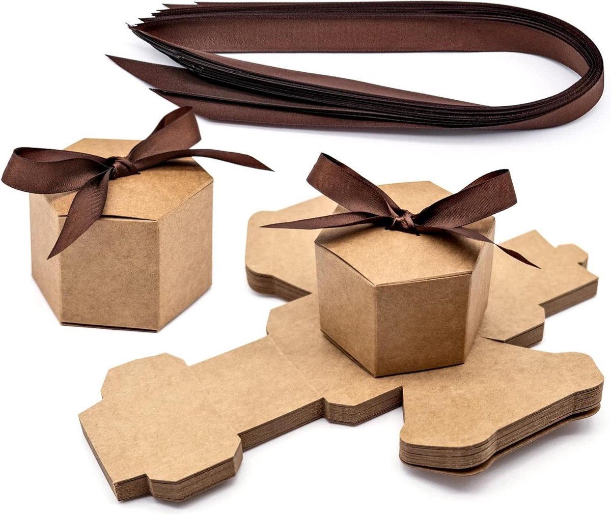 25 stuks kleine bruine geschenkdozen met lint voor verjaardag - feestelijke kraftdozen voor huwelijk, babyshower - papieren snoepdozen met zeshoekige vorm