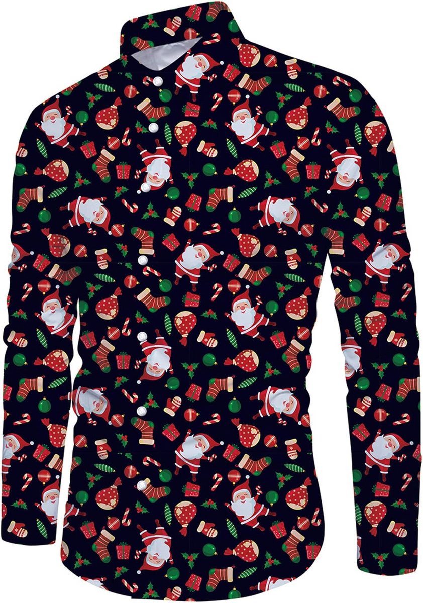 Heren Kerstshirt Lange Mouw met 3D Print Grappig Slim Fit