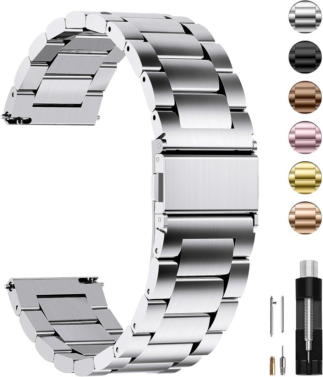 RVS Horlogeband 24mm Zilver, Universele Metalen Armband met Snelsluitingen