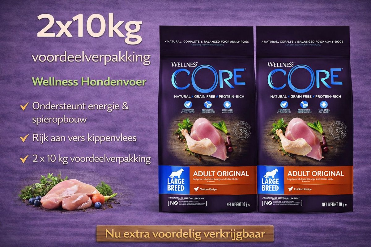 Wellness Core Wellness Core Grain Free Dog Large Breed Adult Kip - Hondenvoer - 2x 10 kg Voordeelverpakking