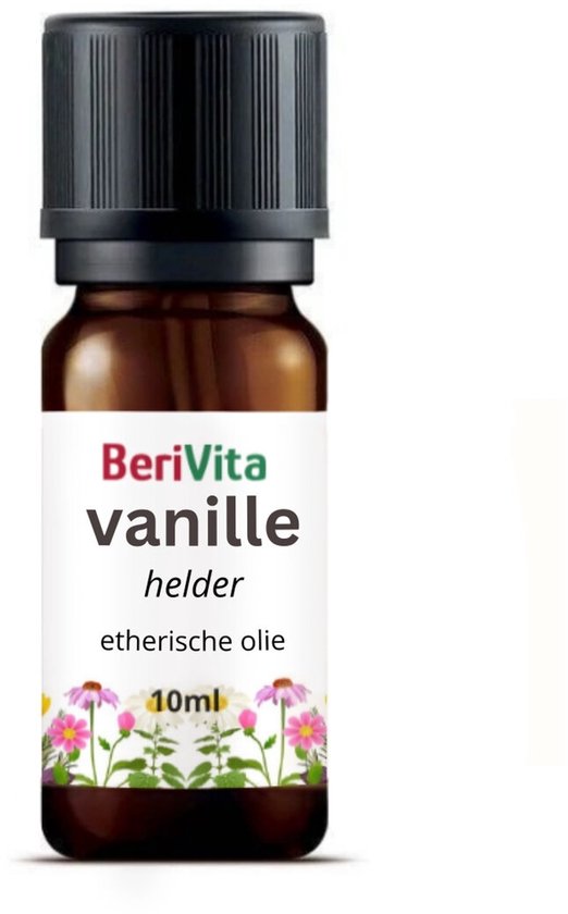 Berivita vanille helder etherische olie in bruin flesje van 10ml met zwarte dop, versierd met bloemen.