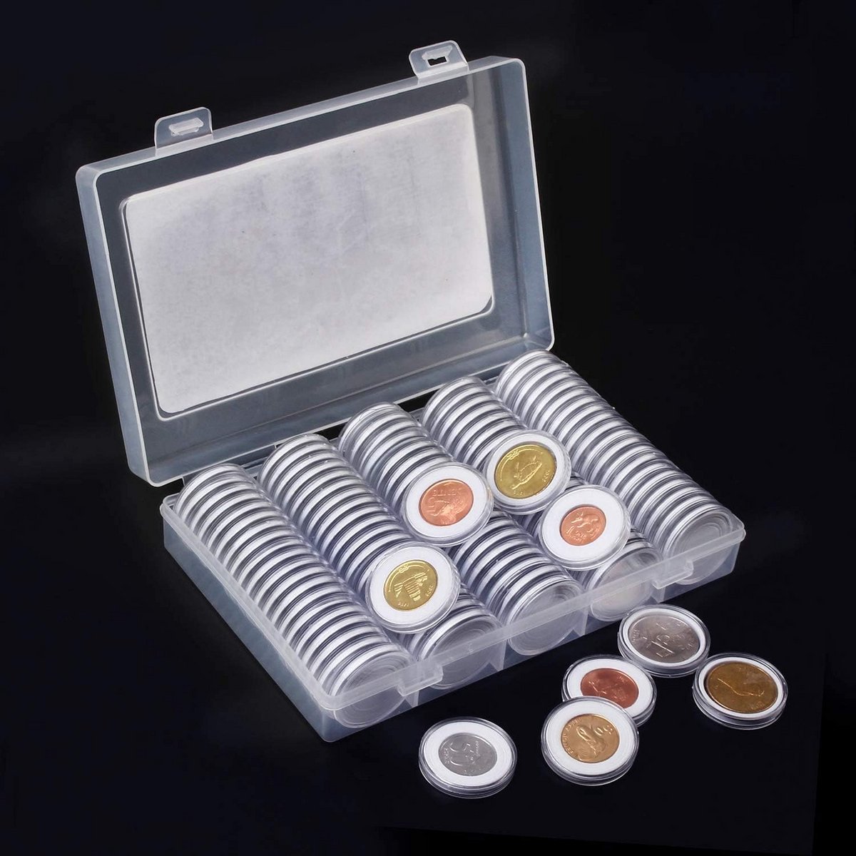 100 Muntcapsules met Schuimringen & Opbergdoos - Voor Munten 17 t/m 30 mm