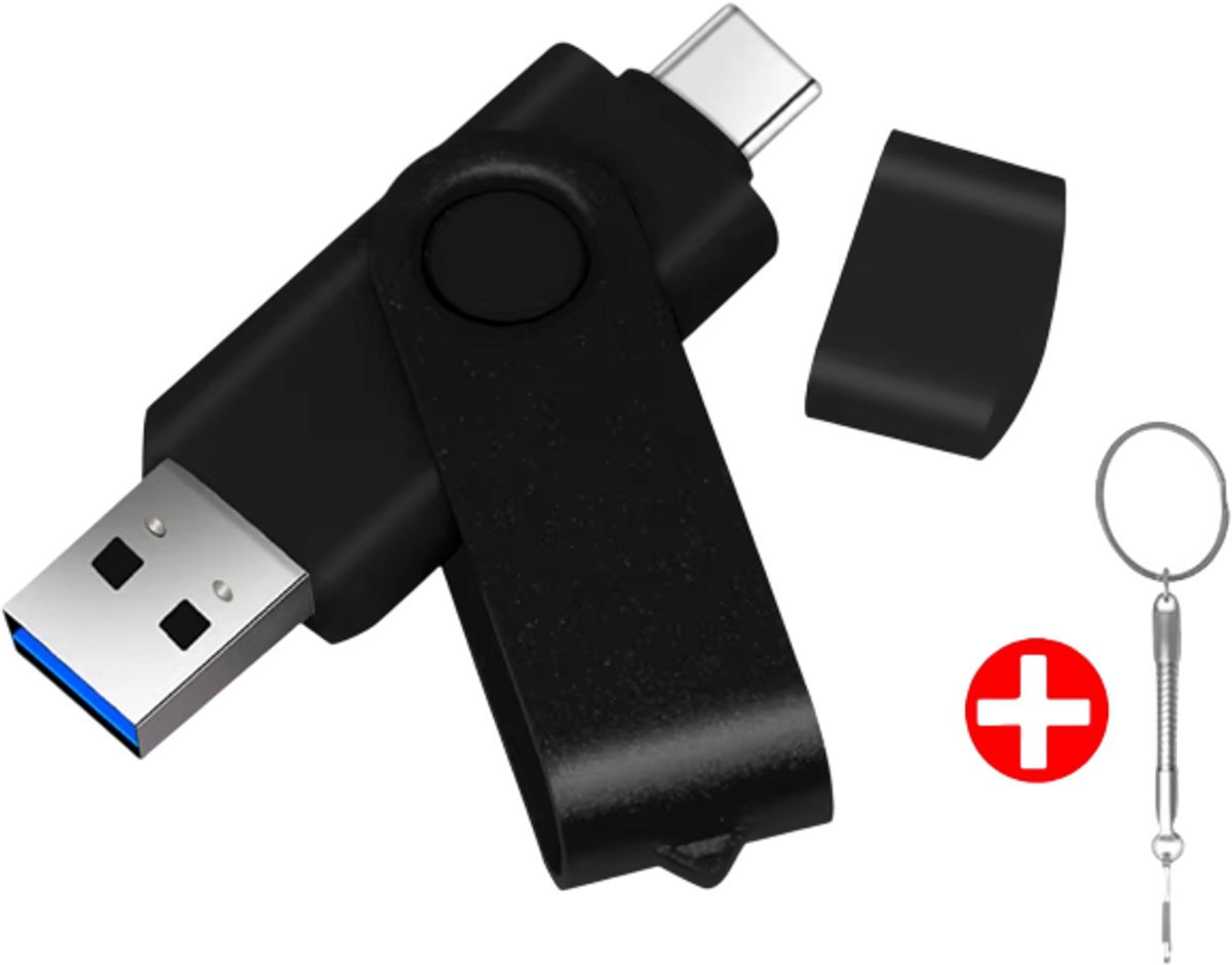 USB-C & USB-A Flash Drive 128GB– USB Stick Type-C – USB 3.0 Hoge Snelheid Geheugenstick – 2-in-1 USB Stick voor Telefoon, Laptop & PC – 360° Draaibaar – Zwart
