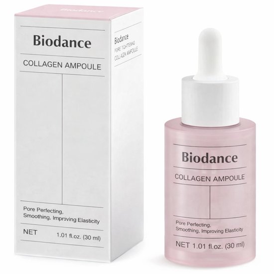 Een doosje en flesje Biodance Collageen Ampul op een witte achtergrond. De tekst op de doos en fles is 'Biodance COLLAGEN AMPOULE Pore Perfecting, Smoothing, Improving Elasticity NET 1.01 fl.oz. (30 ml)'.