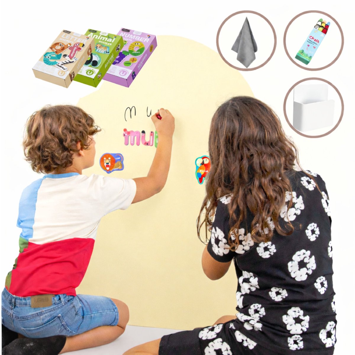 Elissio® Magneticoo Magnetische Muursticker 100x80 cm - Magneetsticker met krijtbordfunctie - lichtgeel - Magneetbord voor Kinderkamer - Boogvorm - Inclusief Magnetische accessoires