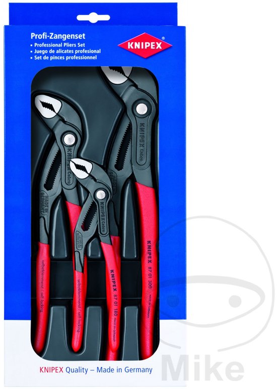 Knipex Profi-Zangenset verpakking met drie waterpomptangen met rode handgrepen.