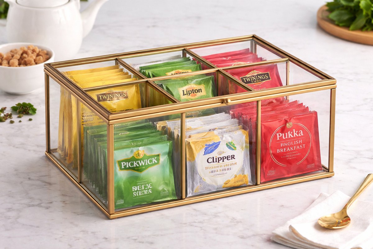 Luxe Glazen Theedoos met Gouden Rand – 6 Vakken (21,5 x 16 x 8,5 cm)