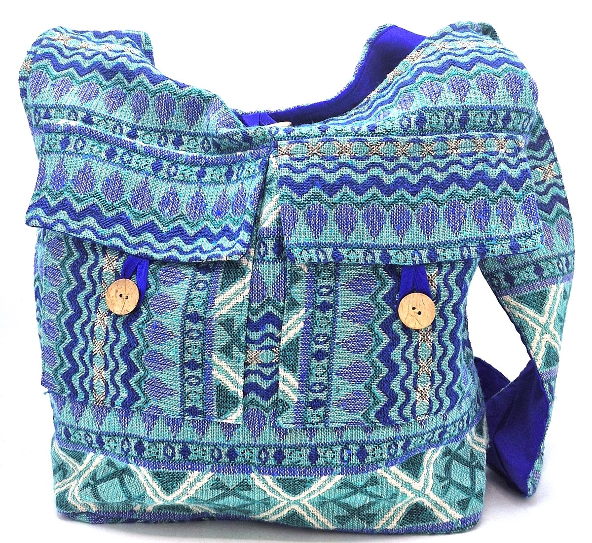 Hobotas van Geweven Stof met Etnisch Patroon - Schoudertas van Stof met rits - Turquoise-Blauw - (bxhxd) ca. 37cm x 33 cm x 10cm