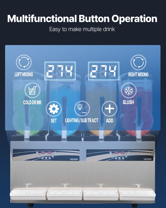 VEVOR Slushmachine 4 x 12 L, Slush-ijsmaker 1650 W (Geen Ijs Nodig), Elektrische Margarita-machine met Zelfreinigende Functie, Geschikt voor Bevroren Margarita's, Frappés, Milkshakes en Shakes van Merkloos — afbeelding 4