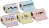 Vijf rollen labelstickers met tekst: HELLO!, HEALTHY FOOD, Thank you, COOKIES, COFFEE.