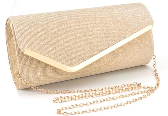 Gouden glitter envelop clutch met metalen gouden ketting.