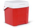 Rode koelbox met wit deksel en handvat, met Igloo logo.