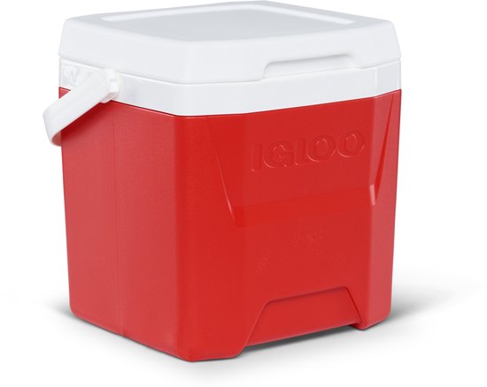 Rode koelbox met wit deksel en handvat, met Igloo logo.