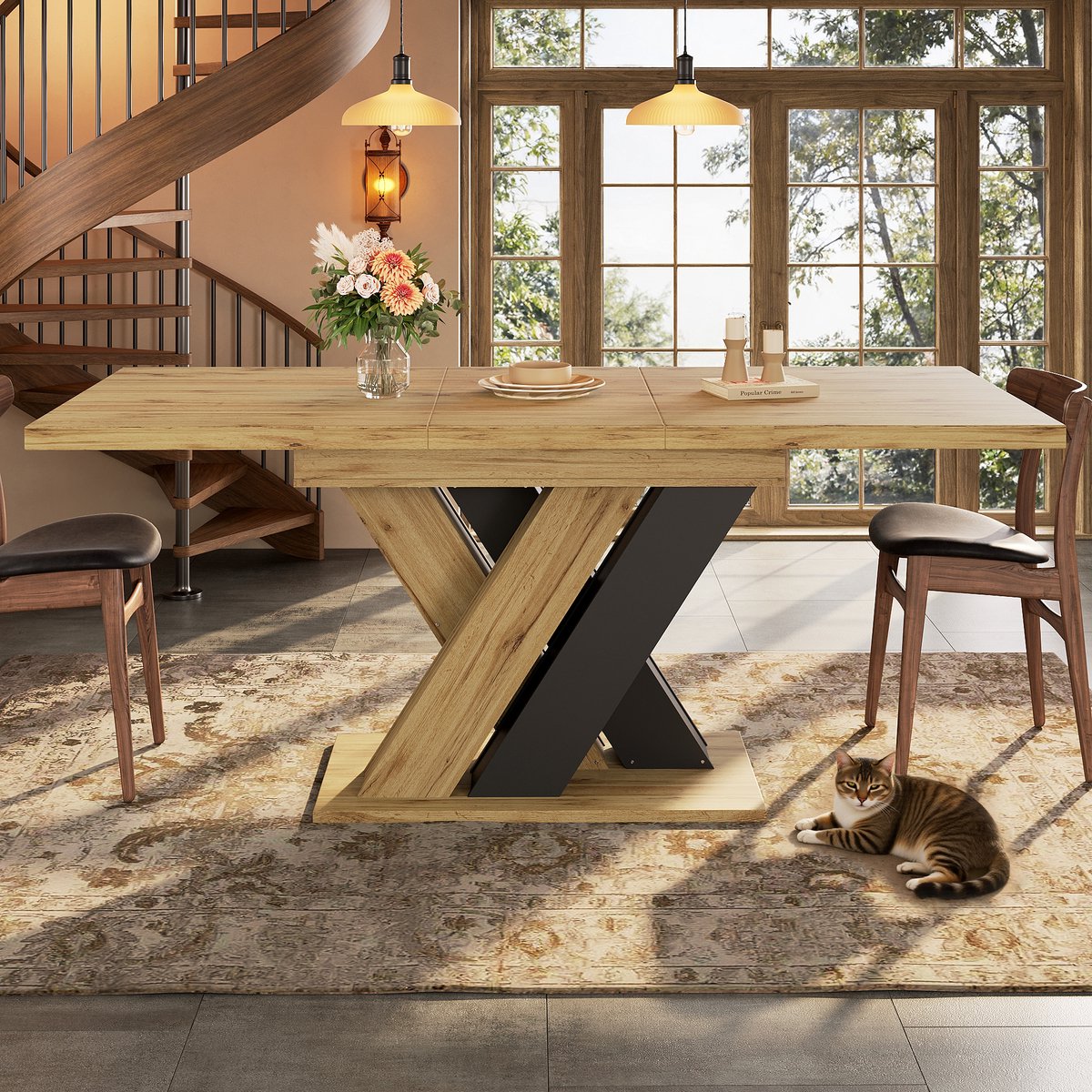 REDOM Uitschuifbare Eettafel - Met Opbergvak En X-Vormige Poten - Modern - MDF - Zwart - 119-158,5 X 80 Cm