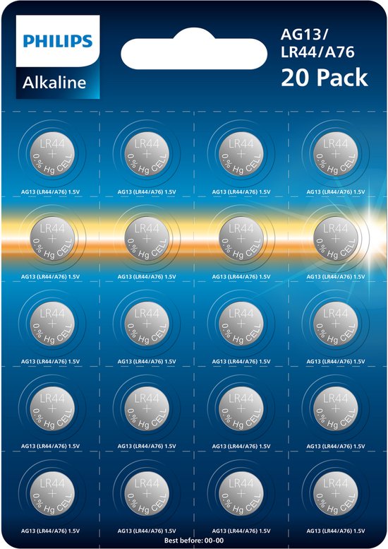 Philips Alkaline A76 (AG13/LR44) 1.5V knoopcel batterijen, 20 stuks.