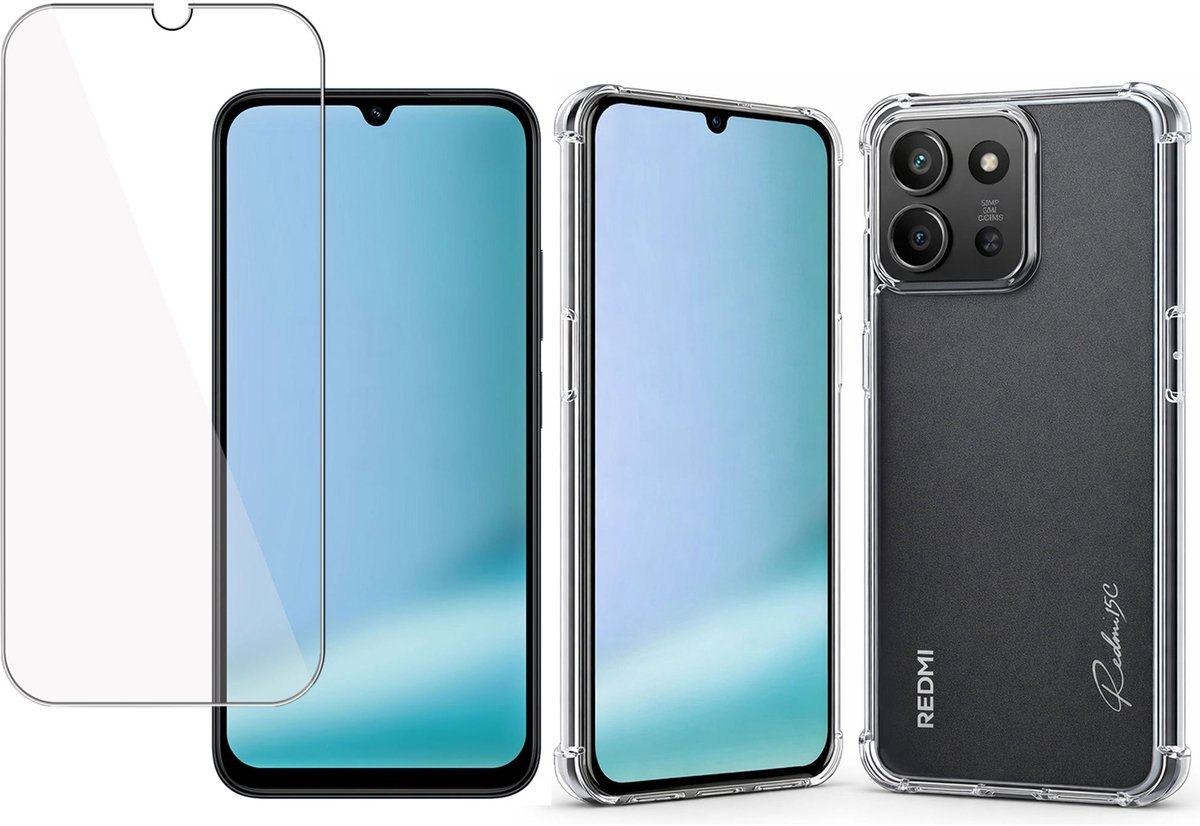 Proteq Hoesje + Screenprotector geschikt voor Xiaomi Redmi 15C – Gehard Glas – Extreme Shockproof Case – Transparant