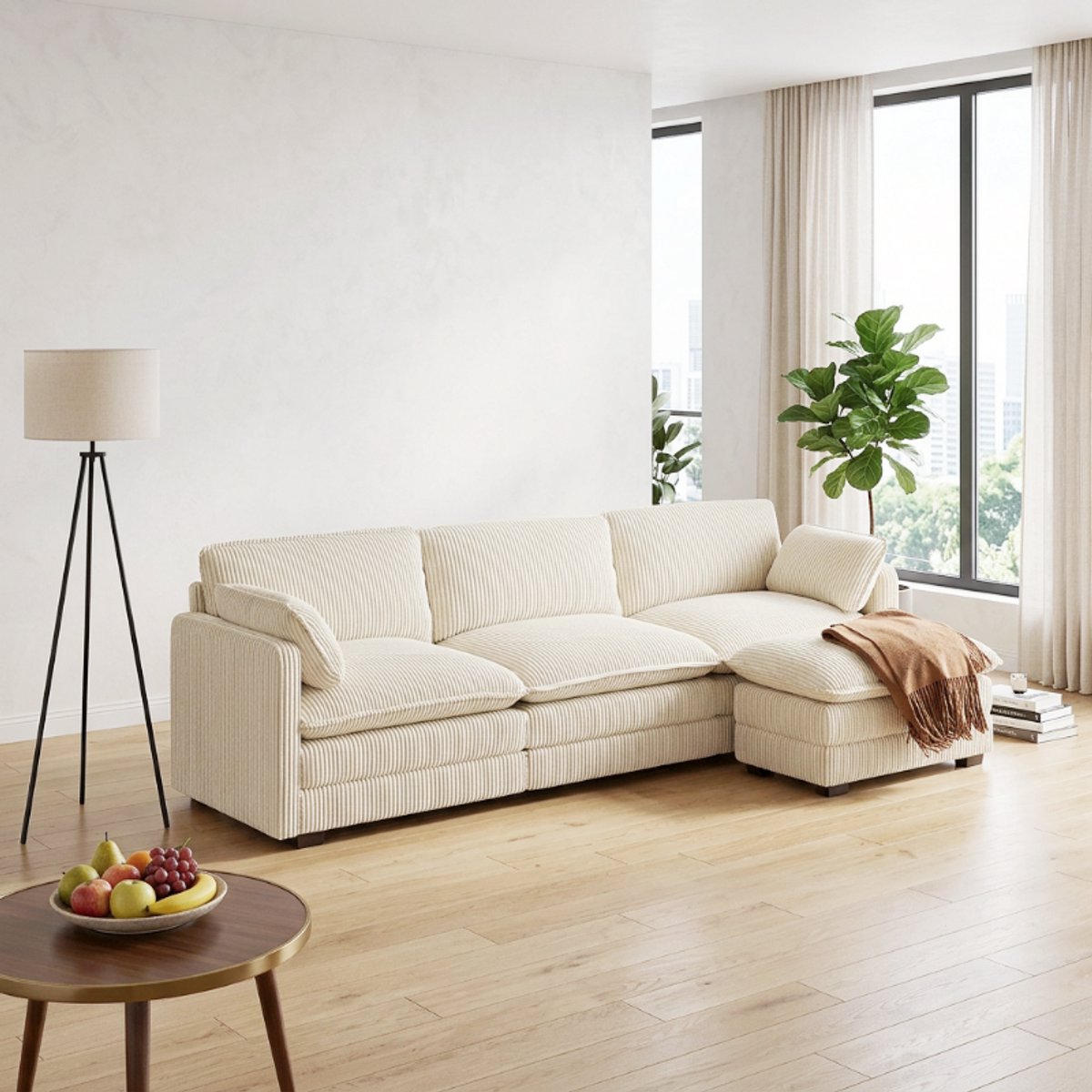 Bealife AR88 3-zits bank - Modulaire bank – L-vorm, ribcord – Inclusief 3 kussens, 2 armleuningen en 1 verstelbaar voetenbankje – 244 cm breed – Beige