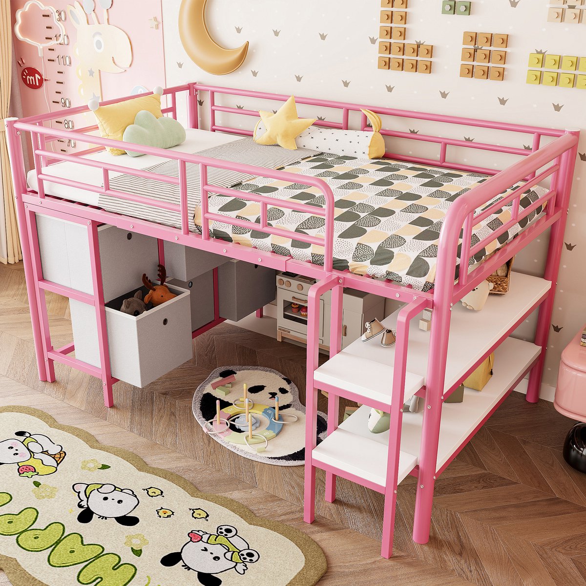 MODENUIT Hoogslaper 90x200 cm – Lage Kinderbed met Brede Trap – Laden en Vakken – Metaal/MDF – Zonder matras – Roze