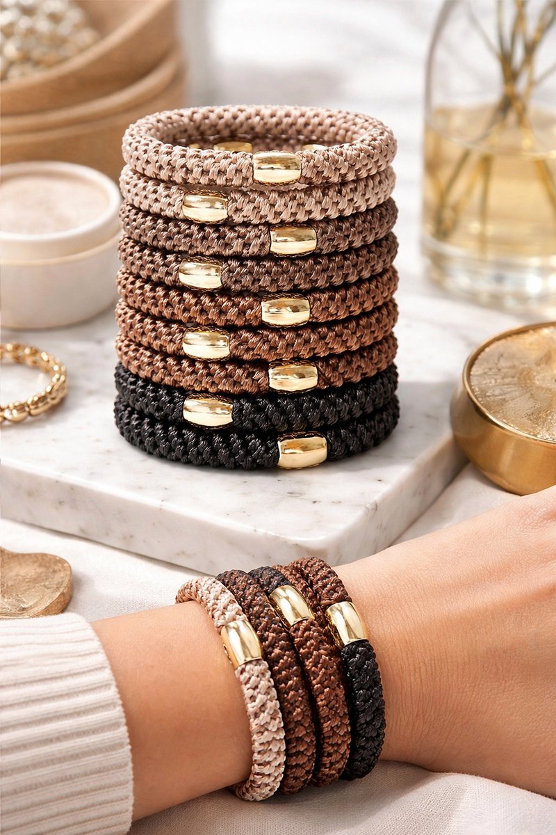 15 x Knekkie Haarelastiekjes met Kraaltje – Gevlochten Elastiek & Armband – Bruine Stijl — cadeau in Mode & Accessoires - foto 3