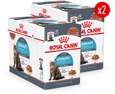 Twee verpakkingen Royal Canin Urinary kattenvoer, elk met 12 zakjes van 85g. Toont een kat en de text "x12 85g Pouch".