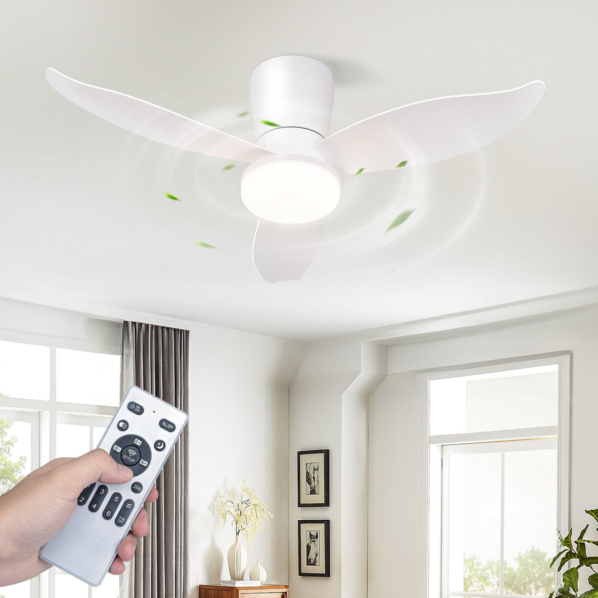 NETTLIFE Plafondventilator met Verlichting - 3 Bladen - Stil - Wit - Dimbaar - 6 Snelheden - Met Afstandsbediening - Voor Slaapkamer & Keuker